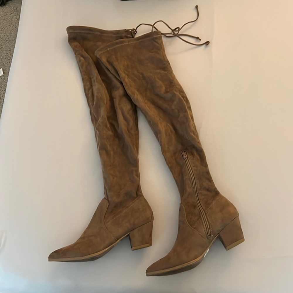 Light brown, suede, thigh high boots, good for thicker thighs. SHEIN size 6
